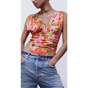 NWOT ZARA Bodysuit Size Small Orange Floral Draped Stretchy V-Neck Wide Straps